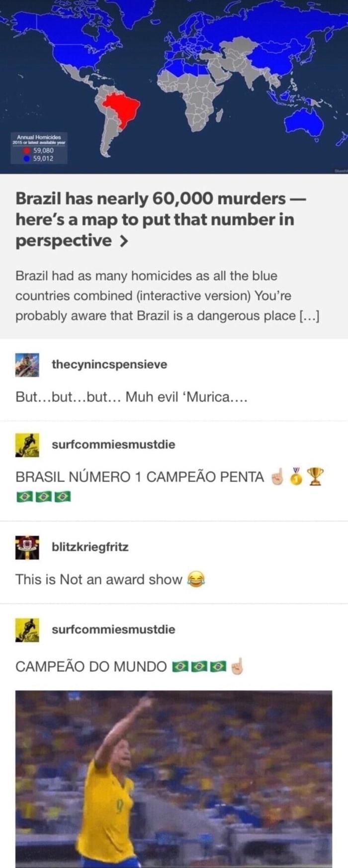 Brazil has nearly 60000 murders heres a map to put that numberin perspective Brazil had as many homicides as all the biue countries combined interactive version Youre probably aware that Brazil is a dangerous place m thecynincspensieve Butbutbut Muh evil Murica B srcommieamastai BRASIL NUMERO 1 CAMPEAO PENTA EEE blitzkriegfritz This is Not an award show 2 W surtcommiesmustaie CAMPEAO DO MUNDO g sl