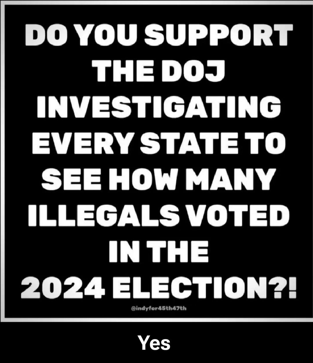 DO YOU SUPPORT THE DOJ INVESTIGATING EVERY STATE TO SEE HOW MANY ILLEGALS VOTED IN THE 2024 ELECTION?! Yes