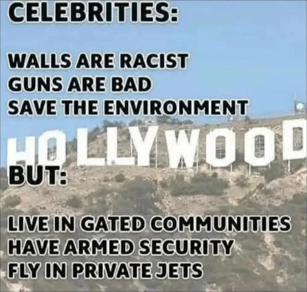 CELEBRITIES:
WALLS ARE RACIST
GUNS ARE BAD
SAVE THE ENVIRONMENT
BUT:
LIVE IN GATED COMMUNITIES
HAVE ARMED SECURITY
FLY IN PRIVATE JETS