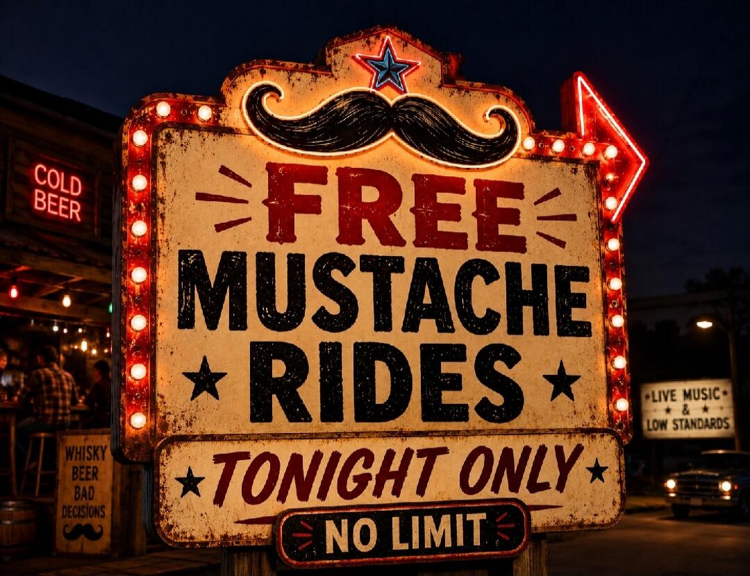 FREE MUSTACHE RIDES TONIGHT ONLY NO LIMIT. COLD BEER. WHISKY BEER BAD DECISIONS. LIVE MUSIC & LOW STANDARDS.