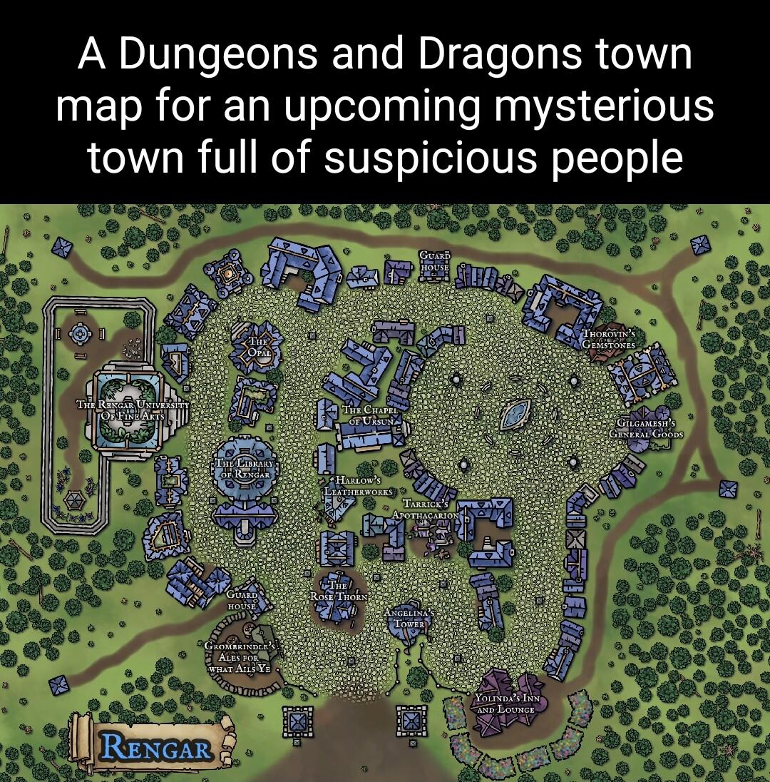 A Dungeons and Dragons town map for an upcoming mysterious oIV B V SIVESY o el o IUE oToo Camet i