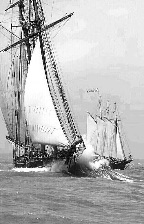 Two sailing ships racing through rough seas, with one ship's sail dramatically catching the wind and a large wave crashing over its bow.