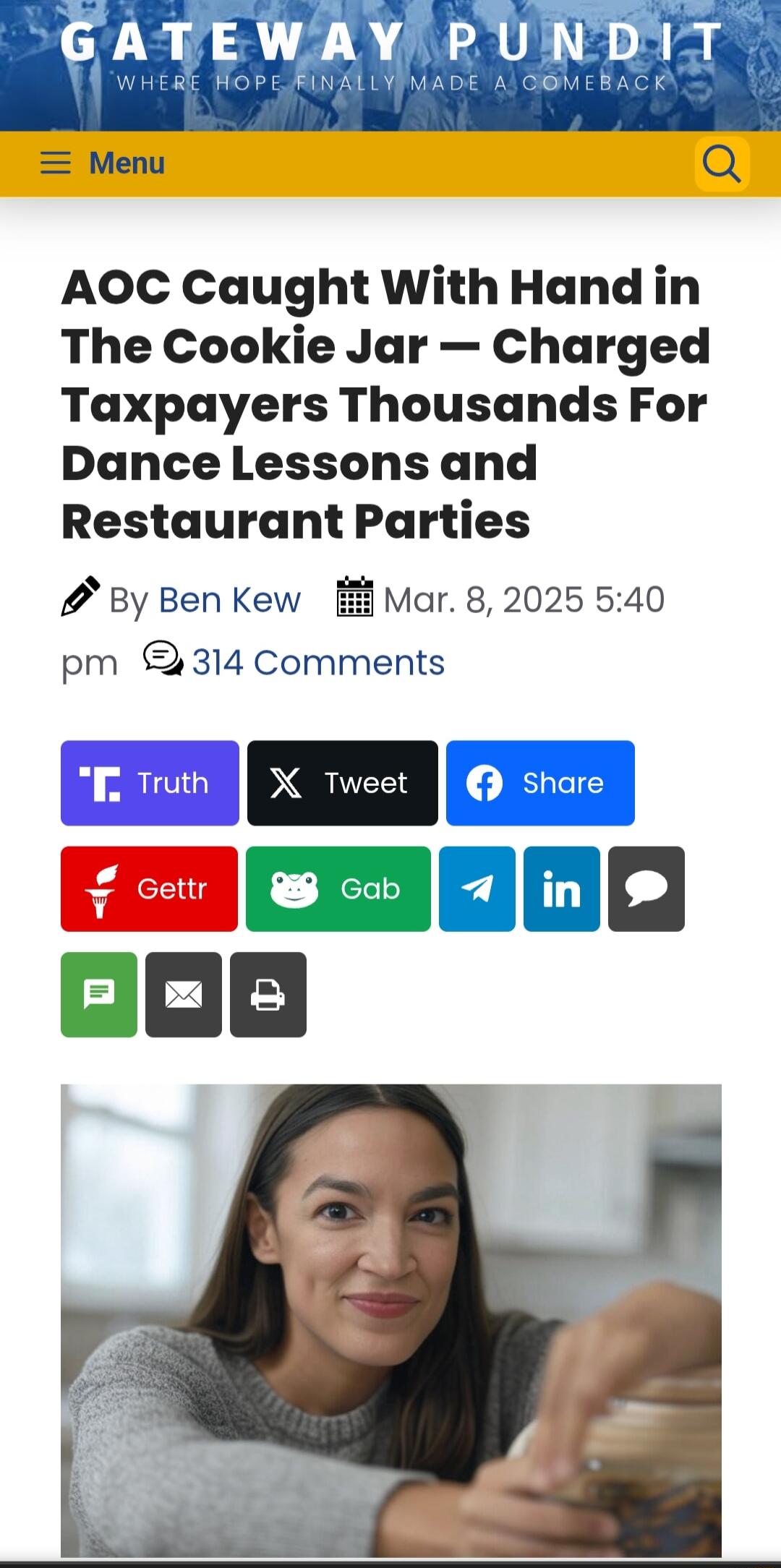 GATFV_AV PUNVD_IT Menu Q AOC Caught With Hand in The Cookie Jar Charged Taxpayers Thousands For Dance Lessons and Restaurant Parties By BenKew Ml Mar 82025 540 pm 314 Comments Lo