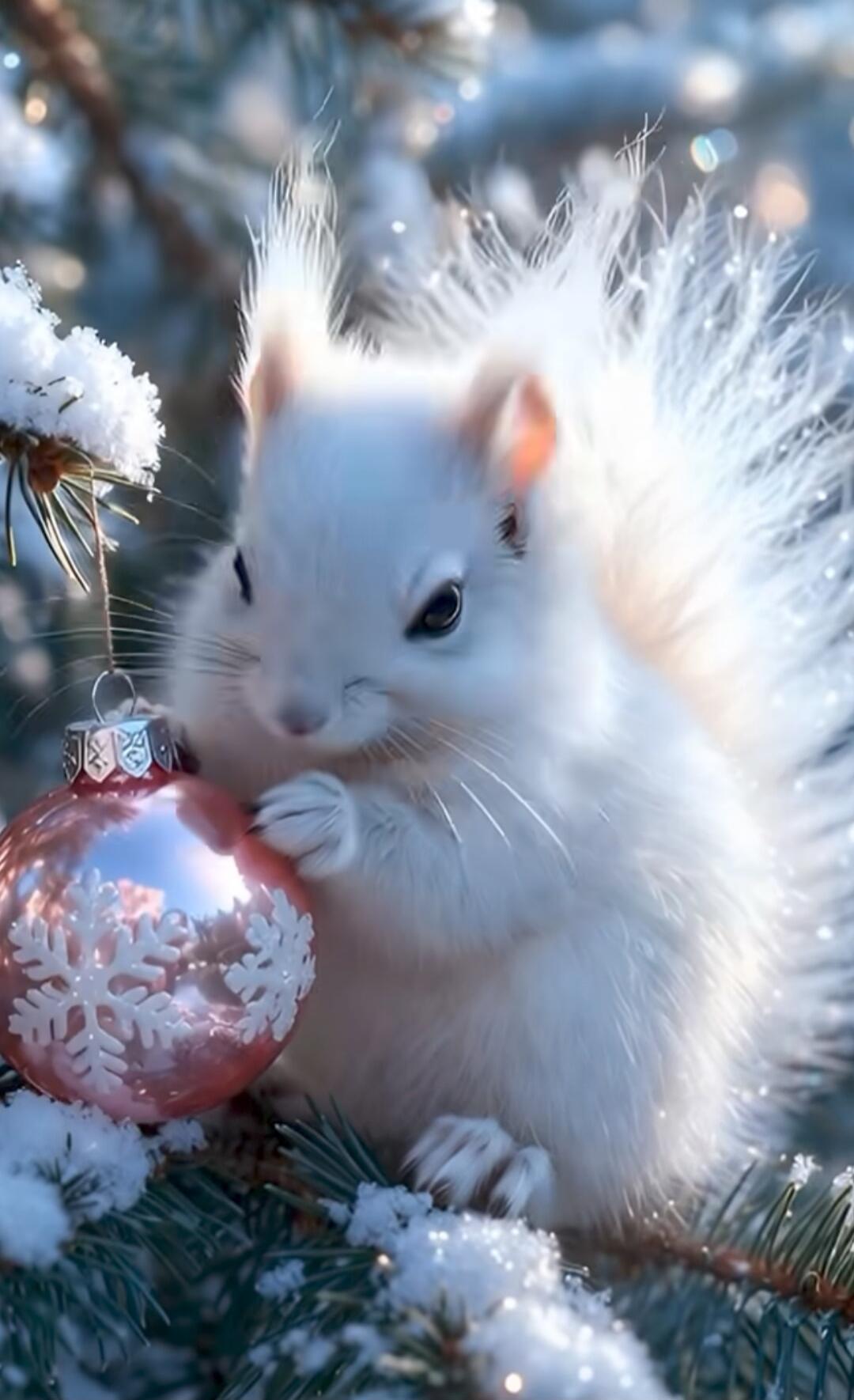 A white fluffy squirrel perched on a snow-covered pine branch, holding a pink Christmas ornament with a white snowflake design.