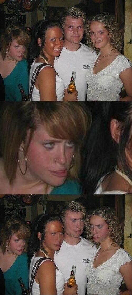 A three-panel meme showing a group of three people at a party. In the first panel, a woman on the left looks disapprovingly at a couple, one of whom has a very dark fake tan. The middle panel is a close-up of the disapproving woman. In the third panel, the expressions are swapped, with the man and the other woman now looking disapprovingly, and the