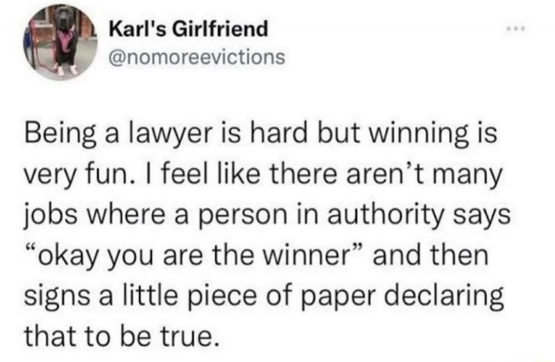 Being a lawyer is hard but winning is very fun. I feel like there aren’t many jobs where a person in authority says “okay you are the winner” and then signs a little piece of paper declaring that to be true.