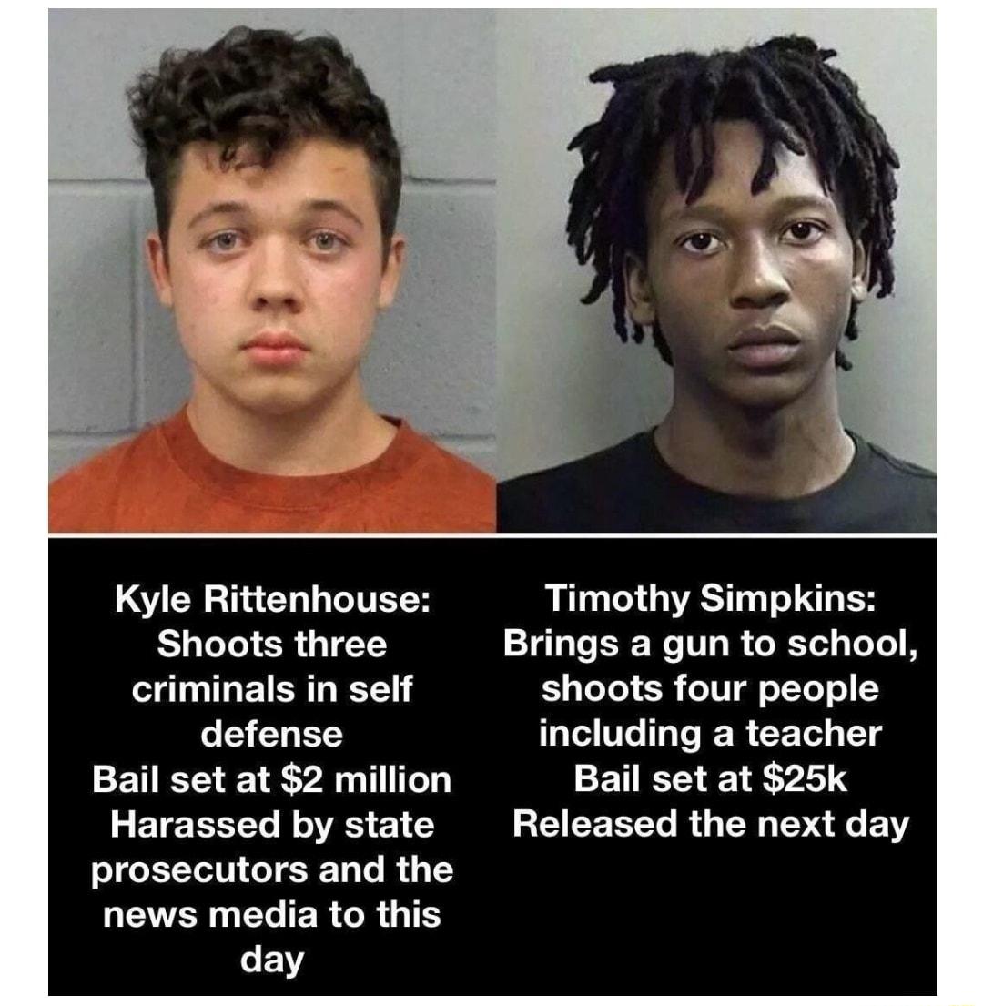 Kyle Rittenhouse Shoots three L EICRLEE o 53 1 BT Bail set at 2 million g E1EEETTe B VAS prosecutors and the TAWER Yo R o R g 11 o FY Timothy Simpkins Brings a gun to school Y ToYo 3 o0 g oTYoT o el 1Te ToTo JE I CCETed o T Bail set at 25k Released the next day