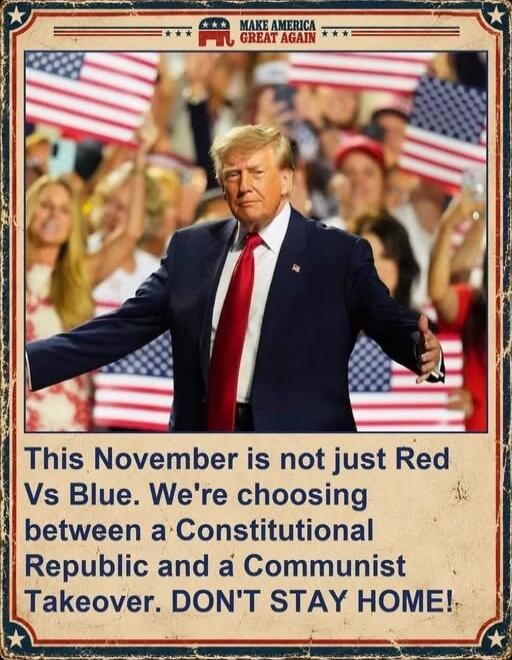 MAKE AMERICA GREAT AGAIN This November is not just Red Vs Blue. We're choosing between a Constitutional Republic and a Communist Takeover. DON'T STAY HOME!