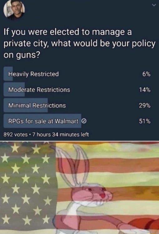 If you were elected to manage a private city what would be your policy on guns Eeavuly Restricted 6 EModelrate Restrictions 14 MinirvalRestlicons 29 RPGs for sale at Walmait 51 892 votes 7 hours 34 minutes left