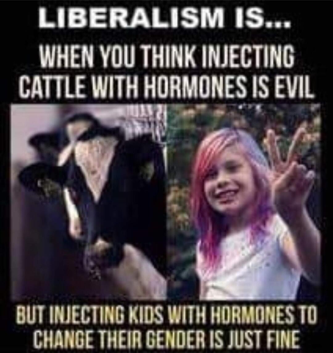 LIBERALISM IS... WHEN YOU THINK INJECTING CATTLE WITH HORMONES IS EVIL BUT INJECTING KIDS WITH HORMONES TO CHANGE THEIR GENDER IS JUST FINE