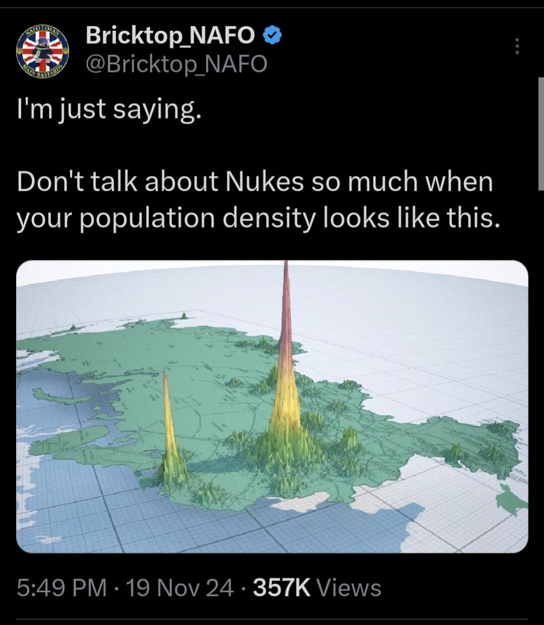 Bricktop NAFO ricktop NAFO Im just saying Dont talk about Nukes so much when your population density looks like this RN VIR e R eIV 2 R LY QUITEINES