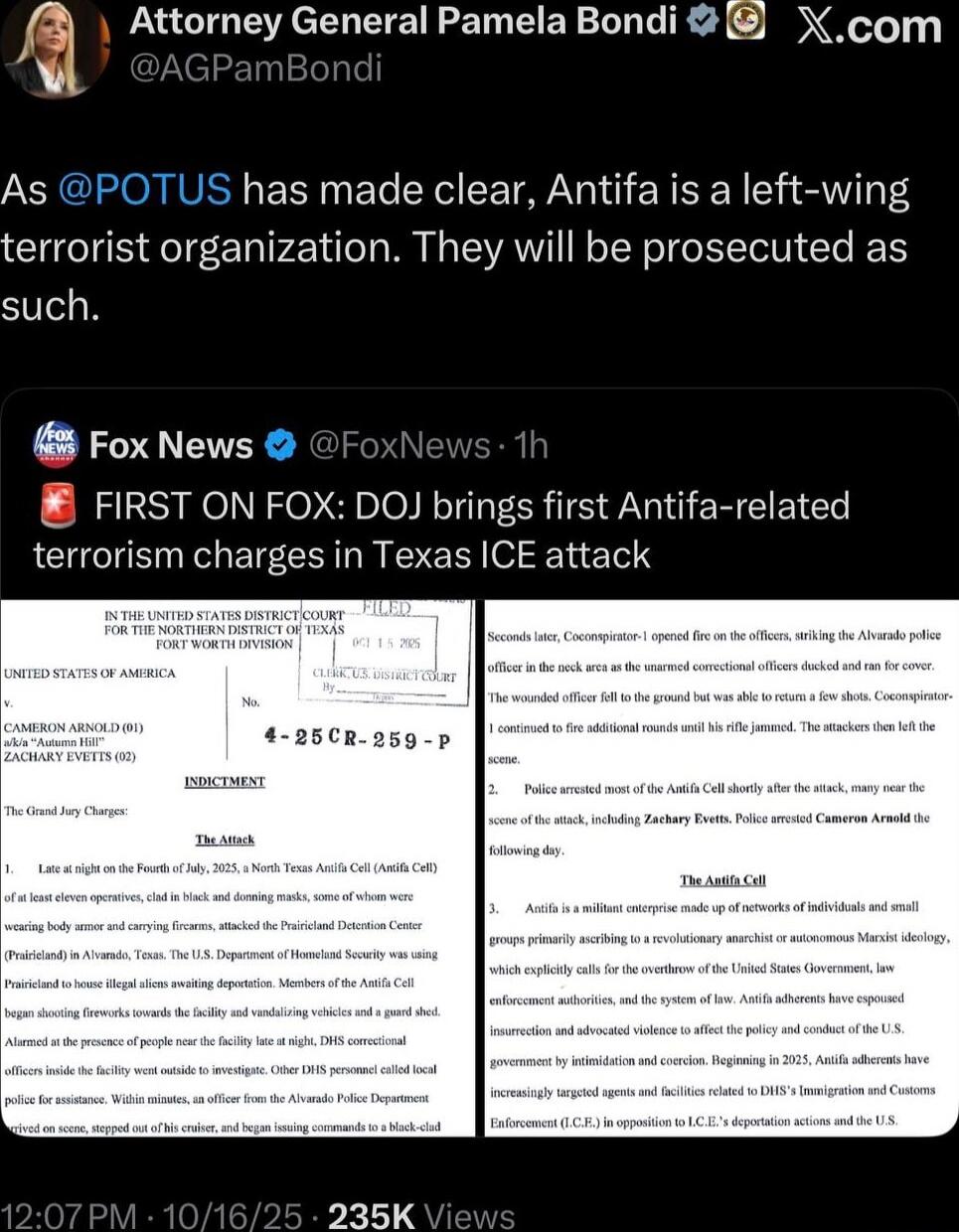 As @POTUS has made clear, Antifa is a left-wing terrorist organization. They will be prosecuted as such.
Fox News: FIRST ON FOX: DOJ brings first Antifa-related terrorism charges in Texas ICE attack