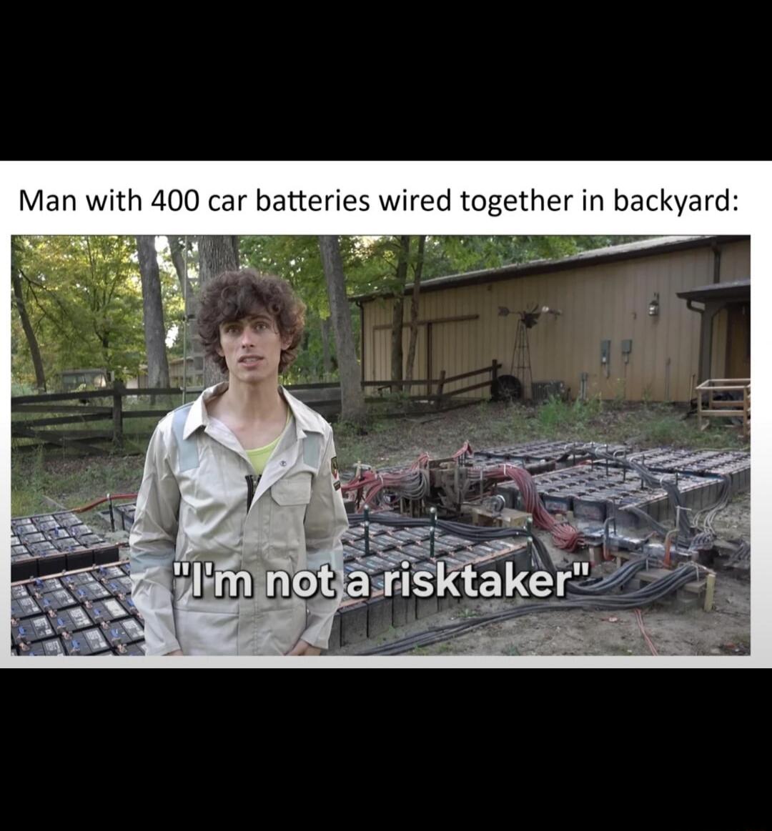 Man with 400 car batteries wired together in backyard: 