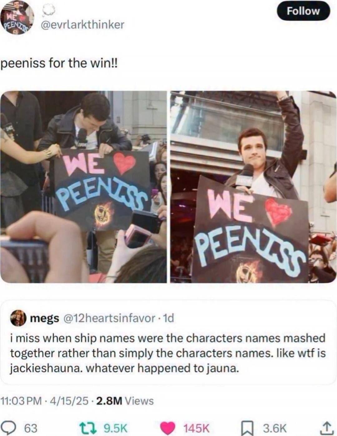 WE ♥ PEENIS (signs) and a tweet: 