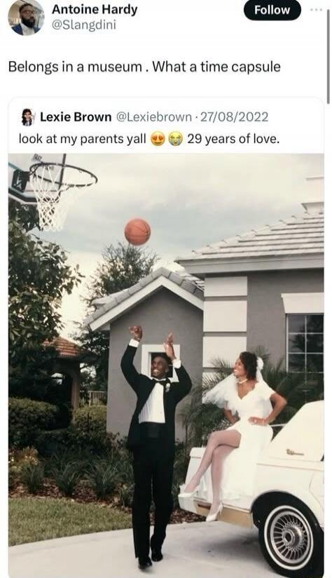 Antoine Hardy @Slangdini Follow Belongs in a museum. What a time capsule Lexie Brown @Lexiebrown 27/08/2022 look at my parents yall 😍🥹 29 years of love.