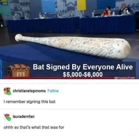 Bat Signed By Everyone Alive 5000 56000 R chistarstepmoms remember signing this bat W laurademfan ohhh so thats what that was for