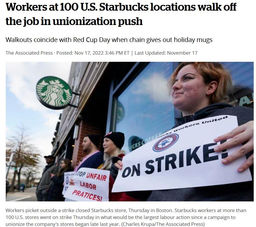 Workers at100 US Starbucks locations walk off the job in unionization push Walkouts coincide with Red Cup Day when chain gives out holiday mugs