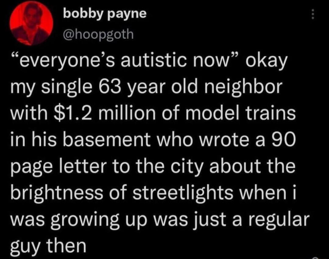 9 bobby payne hoopgoth everyones autistic now okay my single 63 year old neighbor with 12 million of model trains in his basement who wrote a 90 page letter to the city about the brightness of streetlights when i T AV s RWVEEN VIS W Y 1 EOVAGEN