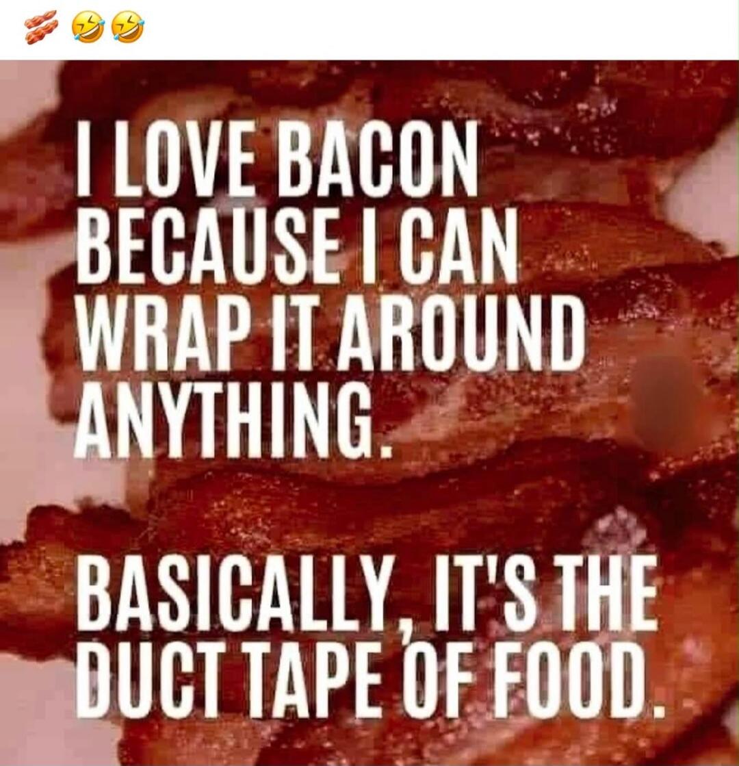 I LOVE BACON BECAUSE I CAN WRAP IT AROUND ANYTHING. BASICALLY, IT'S THE DUCT TAPE OF FOOD.