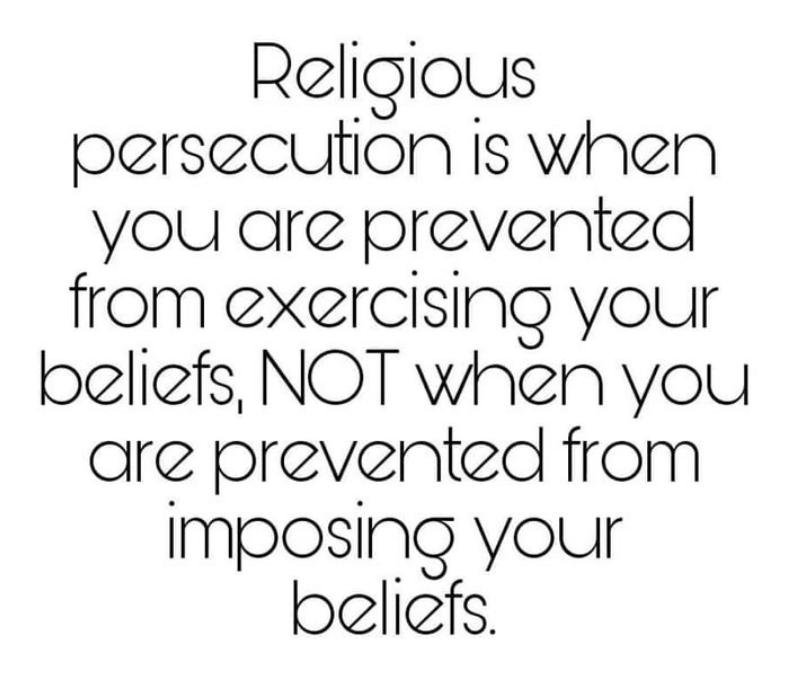 Religious persecution Is when you are prevented from exercising your peliefs NOT when you are prvczntd from ImpEosING your oeliefs