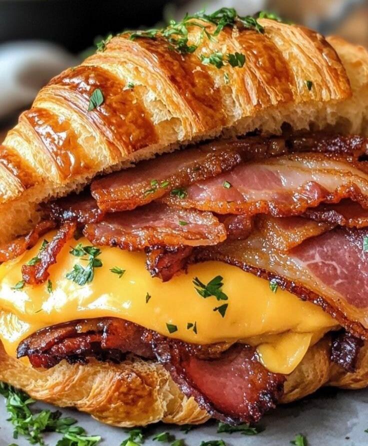 A croissant sandwich layered with crispy bacon and melted cheese, garnished with chopped herbs.
