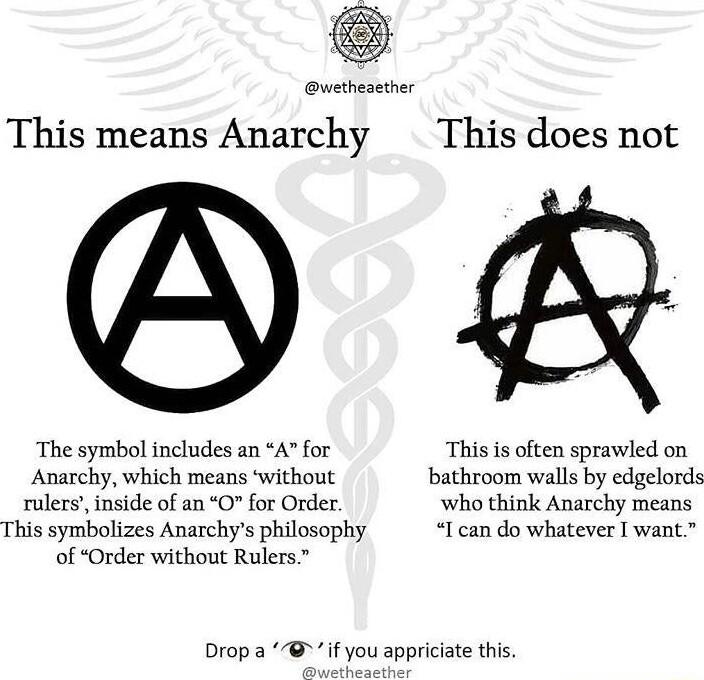 wetheaether This means Anarchy This does not The symbol includes an A for This s often sprawled on Anarchy which means without bathroom walls by edgelords rulers inside of an O for Order who think Anarchy means This symbolizes Anarchys philosophy I can do whatever I want of Order without Rulers Drop a if you appriciate this