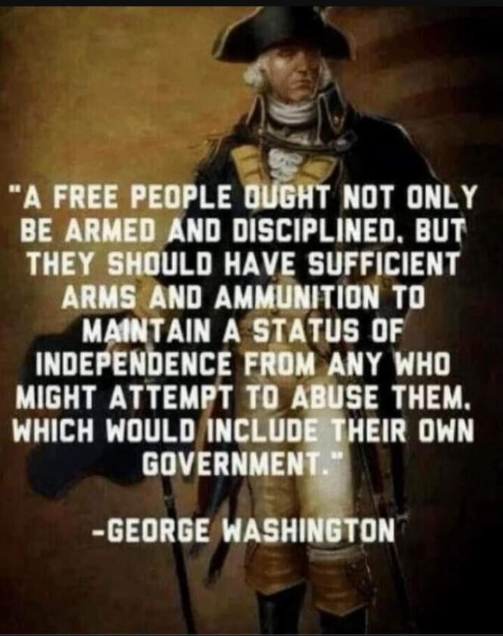 A FREE PEOPLE OUGHT NOT ONLY BE ARMED AND DISCIPLINED, BUT THEY SHOULD HAVE SUFFICIENT ARMS AND AMMUNITION TO MAINTAIN A STATUS OF INDEPENDENCE FROM ANY WHO MIGHT ATTEMPT TO ABUSE THEM, WHICH WOULD INCLUDE THEIR OWN GOVERNMENT. -GEORGE WASHINGTON