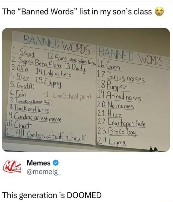 The Banned Words listin my sons class Memes memeig_ This generation is DOOMED