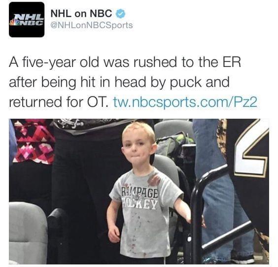 NHL on NBC 0 B NHLonNBCSports A five year old was rushed to the ER after being hit in head by puck and returned for OT twnbcsportscomPz2
