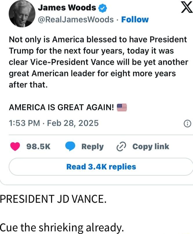 James Woods X RealJamesWoods Follow Not only is America blessed to have President Trump for the next four years today it was clear Vice President Vance will be yet another great American leader for eight more years after that AMERICA IS GREAT AGAIN 163 PM Feb 28 2025 985K Reply 2 Copylink Read 34K replies PRESIDENT JD VANCE Cue the shrieking already