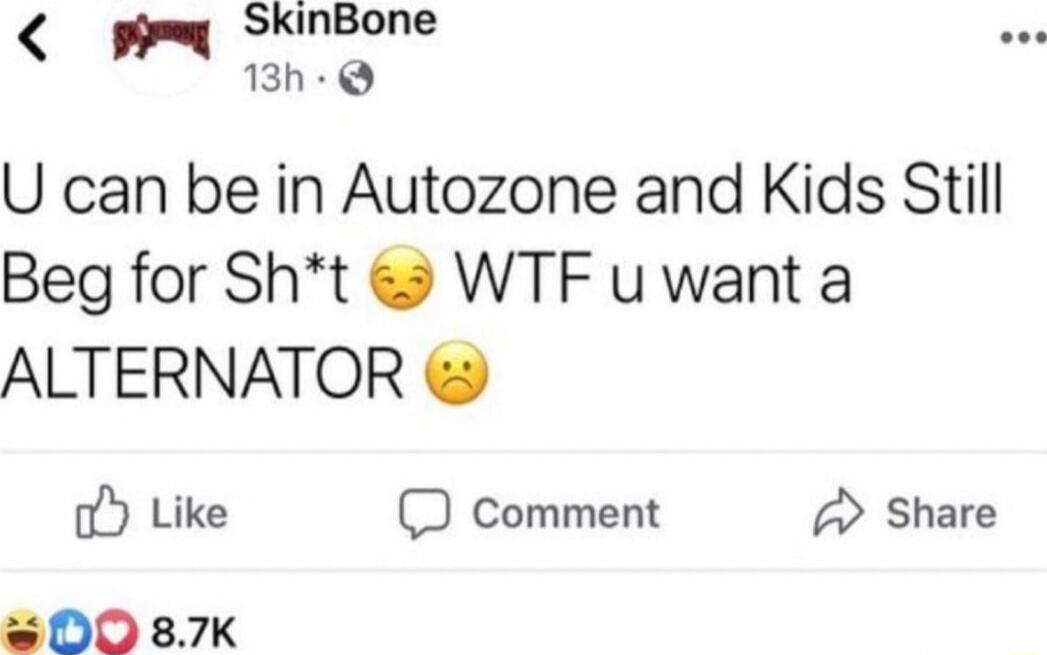 g SkinBone 13h U can be in Autozone and Kids Still Beg for Sht WTF uwant a ALTERNATOR o Like D comment Share 00 87K