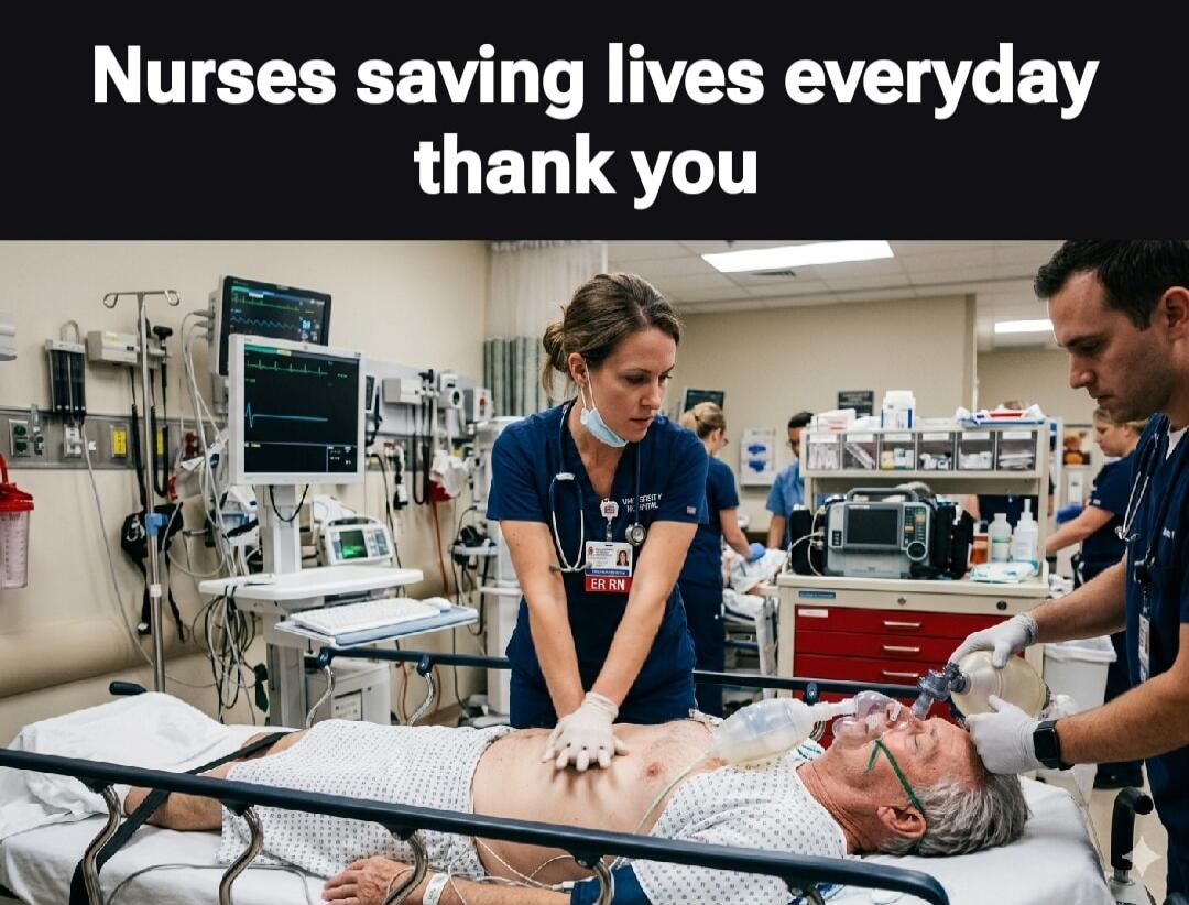 Nurses saving lives everyday thank you. A female nurse performs chest compressions on a patient while a male medical professional assists with a breathing mask in a hospital emergency room.