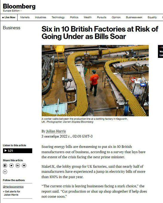 Bloombsey B i e e i i e Cxem Six in 10 British Factories at Risk of Going Under as Bills Soar SORRSETE TR By Julan Harrs 3 couatpa 20221 G201 GMT3 Soaring energy bills are dhreaening o pucsix i 10 Bicsh manufactures ou of business according 03 survey that laysbare the excentof he crss fcingthe ext prime minite MakeUKthelobby group for UK factories said that nealy halfof manufactures have experienc