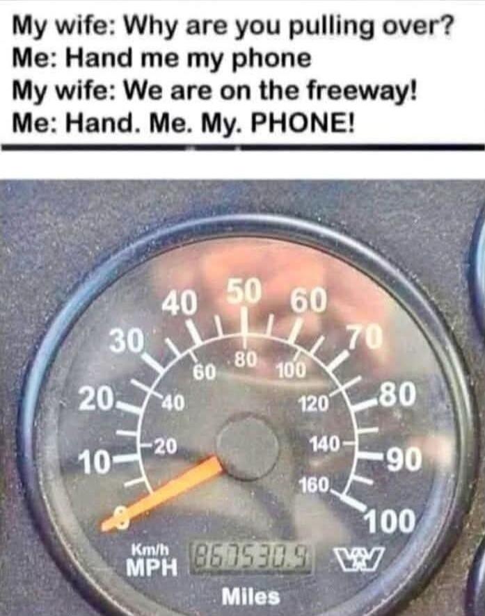 My wife: Why are you pulling over? Me: Hand me my phone My wife: We are on the freeway! Me: Hand. Me. My. PHONE!