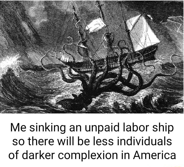 Me sinking an unpaid labor ship so there will be less individuals of darker complexion in America