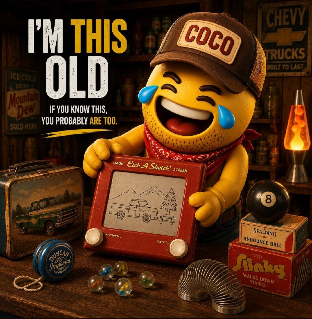 I'M THIS OLD IF YOU KNOW THIS, YOU PROBABLY ARE TOO. ICE COLD DRINK Mountain Dew SOLD HERE. CHEVY TRUCKS BUILT TO LAST. MAGIC Etch A Sketch SCREEN. DUNCAN IMPERIAL THE ORIGINAL. SPALDING HI-BOUNCE BALL. SLINKY WALKS DOWN STAIRS! COCO.