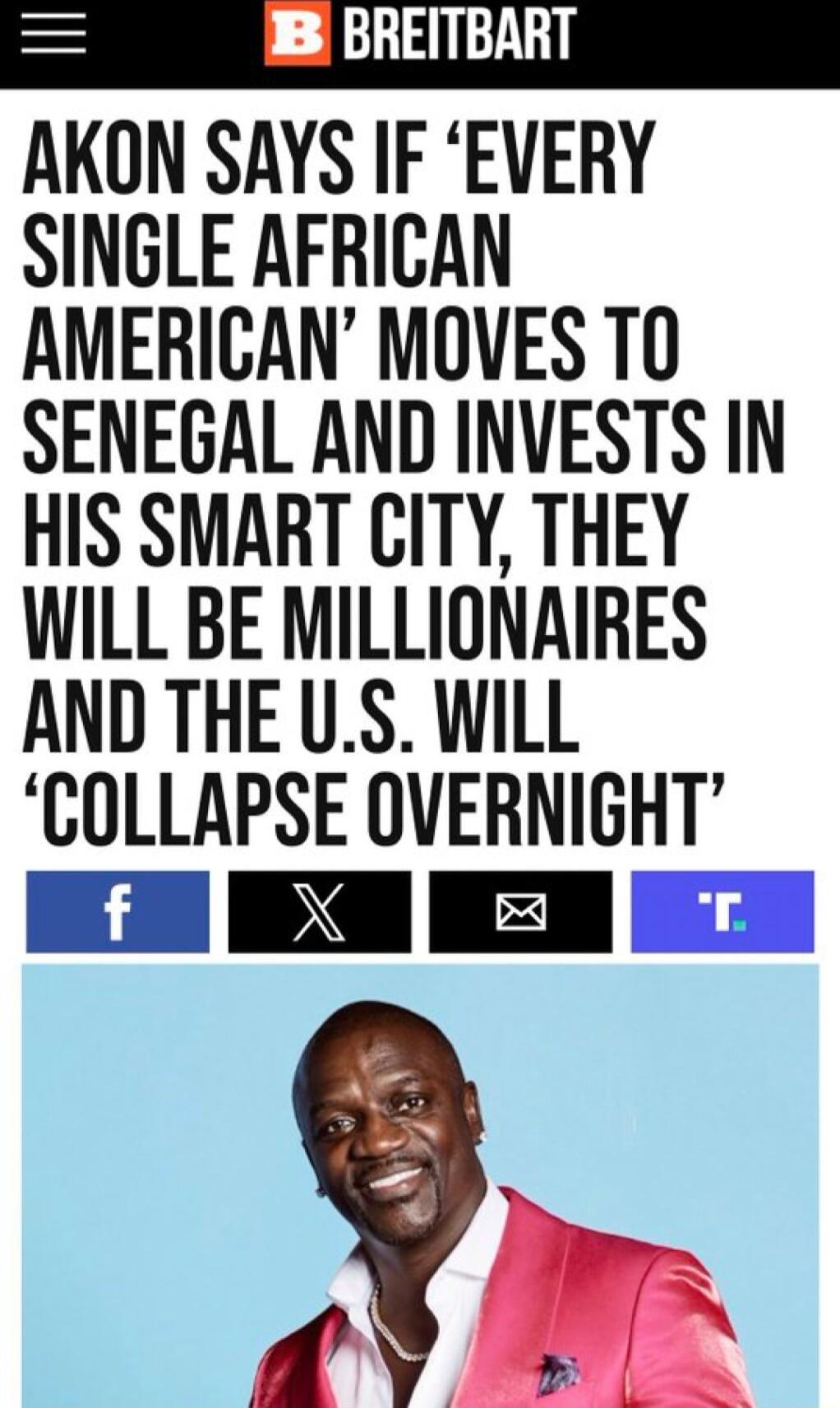 BREITBART AKON SAYS IF EVERY SINGLE AFRICAN AMERICAN MOVES T0 SENEGAL AND INVESTS IN HIS SMART CITY THEY WILL BE MILLIONAIRES AND THE US WILL COLLAPSE OVERNIGHT Lf X b