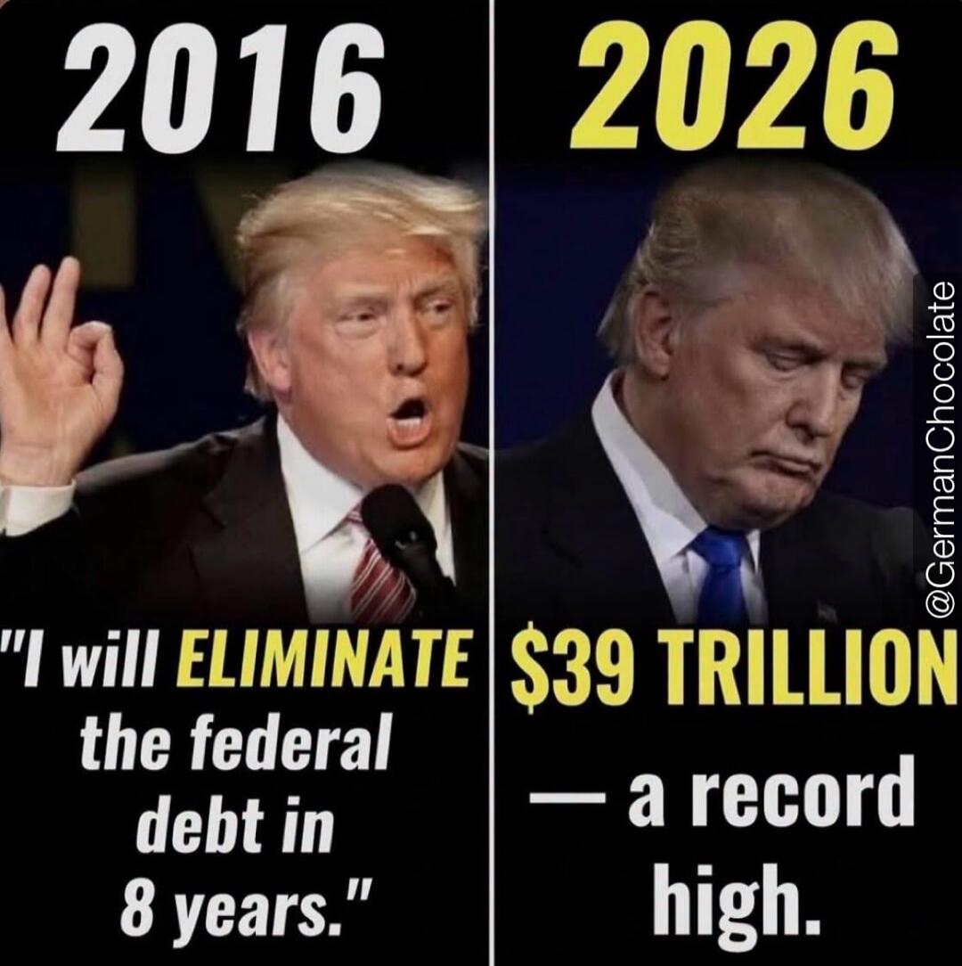 2016 I will ELIMINATE the federal debt in 8 years. 2026 $39 TRILLION — a record high. @GermanChocolate