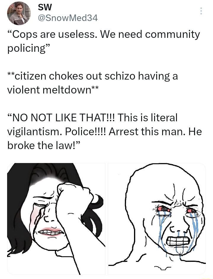 sw SnowMed34 Cops are useless We need community policing citizen chokes out schizo having a violent meltdown NO NOT LIKE THAT This is literal vigilantism Police Arrest this man He broke the law