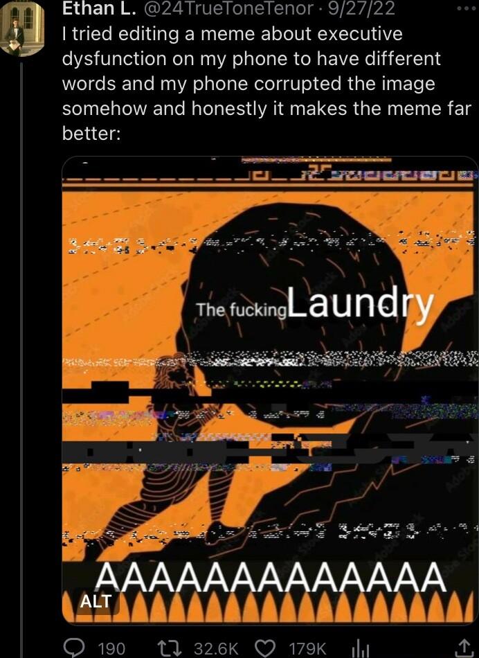 Ethan L 24 TrueloneTenor 92722 tried editing a meme about executive dysfunction on my phone to have different words and my phone corrupted the image TN T G W S VAT ELCER G R T R T better 1 i I ST O 190 1t 326K O 179K g