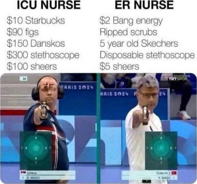 ICU NURSE
$10 Starbucks
$90 figs
$150 Danskos
$300 stethoscope
$100 sheers
ER NURSE
$2 Bang energy
Ripped scrubs
5 year old Skechers
Disposable stethoscope
$5 sheers