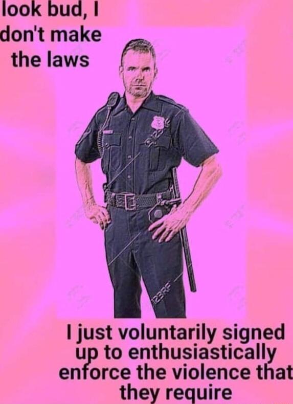 look bud dont make the laws f mt I just voluntarily signed up to enthusiasticall enforce the violence that they require
