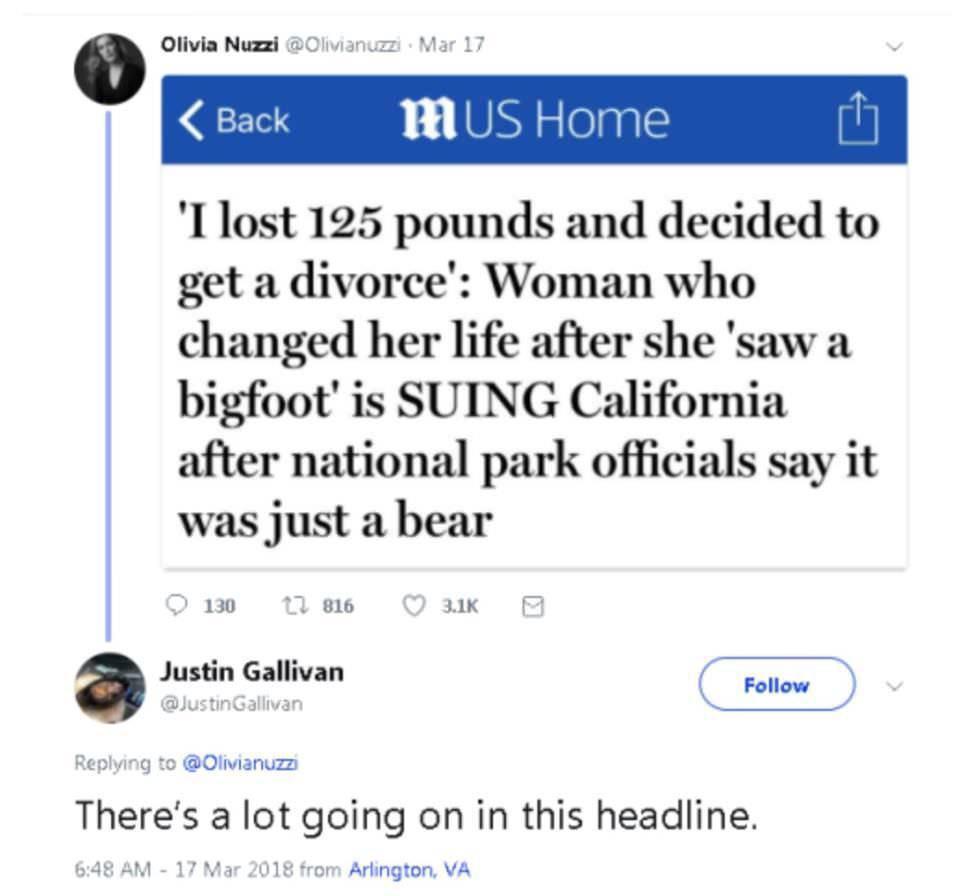 o Tlost 125 pounds and decided to get a divorce Woman who changed her life after she saw a bigfoot is SUING California after national park officials say it was just a bear Theres a lot going on in this headline
