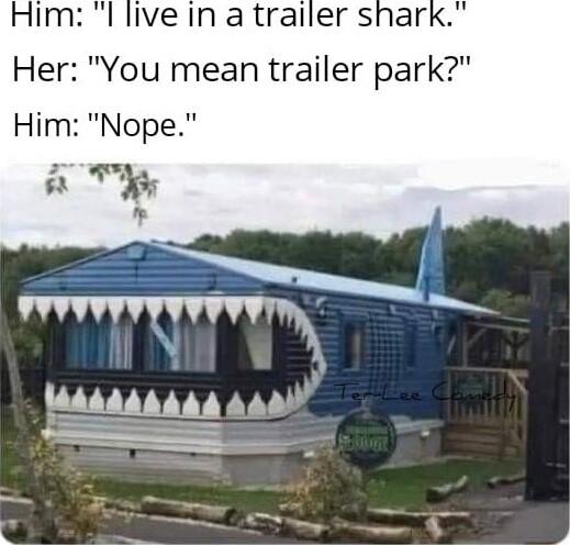 Him I live In a trailer shark Her You mean trailer park Him Nope F e A