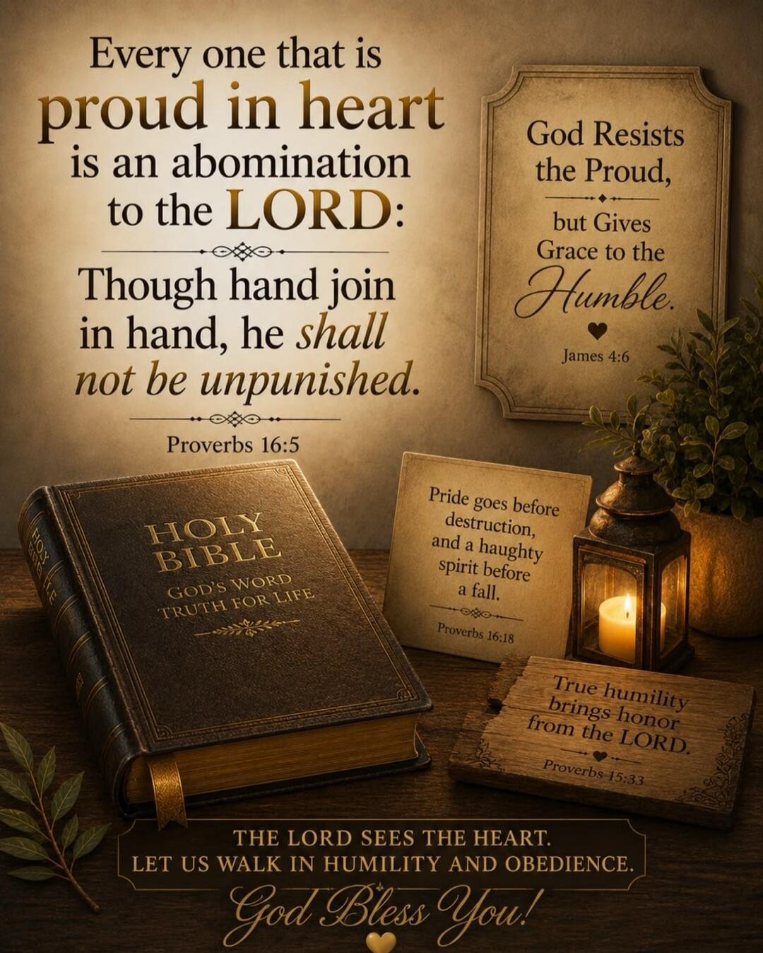 Every one that is proud in heart is an abomination to the LORD: Though hand join in hand, he shall not be unpunished. Proverbs 16:5. God Resists the Proud, but Gives Grace to the Humble. James 4:6. HOLY BIBLE GOD'S WORD TRUTH FOR LIFE. Pride goes before destruction, and a haughty spirit before a fall. Proverbs 16:18. True humility brings honor from