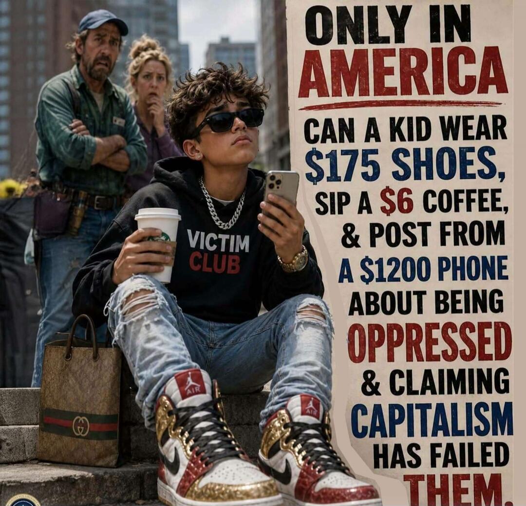 ONLY IN AMERICA CAN A KID WEAR $175 SHOES, SIP A $6 COFFEE, & POST FROM A $1200 PHONE ABOUT BEING OPPRESSED & CLAIMING CAPITALISM HAS FAILED THEM. VICTIM CLUB.