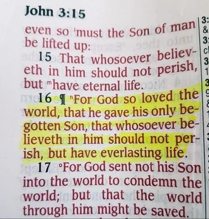 John 3:15 even so must the Son of man be lifted up: 15 That whosoever believeth in him should not perish, but have eternal life. 16 For God so loved the world, that he gave his only begotten Son, that whosoever believeth in him should not perish, but have everlasting life. 17 For God sent not his Son into the world to condemn the world; but that th