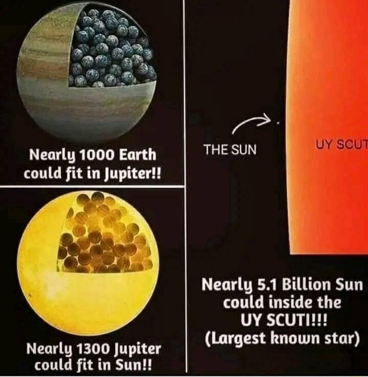 Nearly 1000 Earth could fit in Jupiter LEL R UREGT T TS could fit in Sun j 4 THE SUN X Nearly 51 Billion Sun could inside the Uy scutii Largest known star