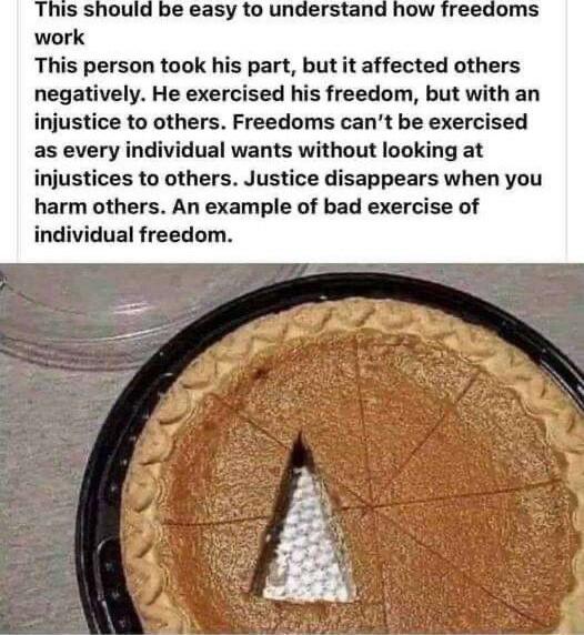 This should be easy to understand work This person took his part but it affected others negatively He exercised his freedom but with an injustice to others Freedoms cant be exercised as every individual wants without looking at justices to others Justice disappears when you harm others An example of bad exercise of individual freedom