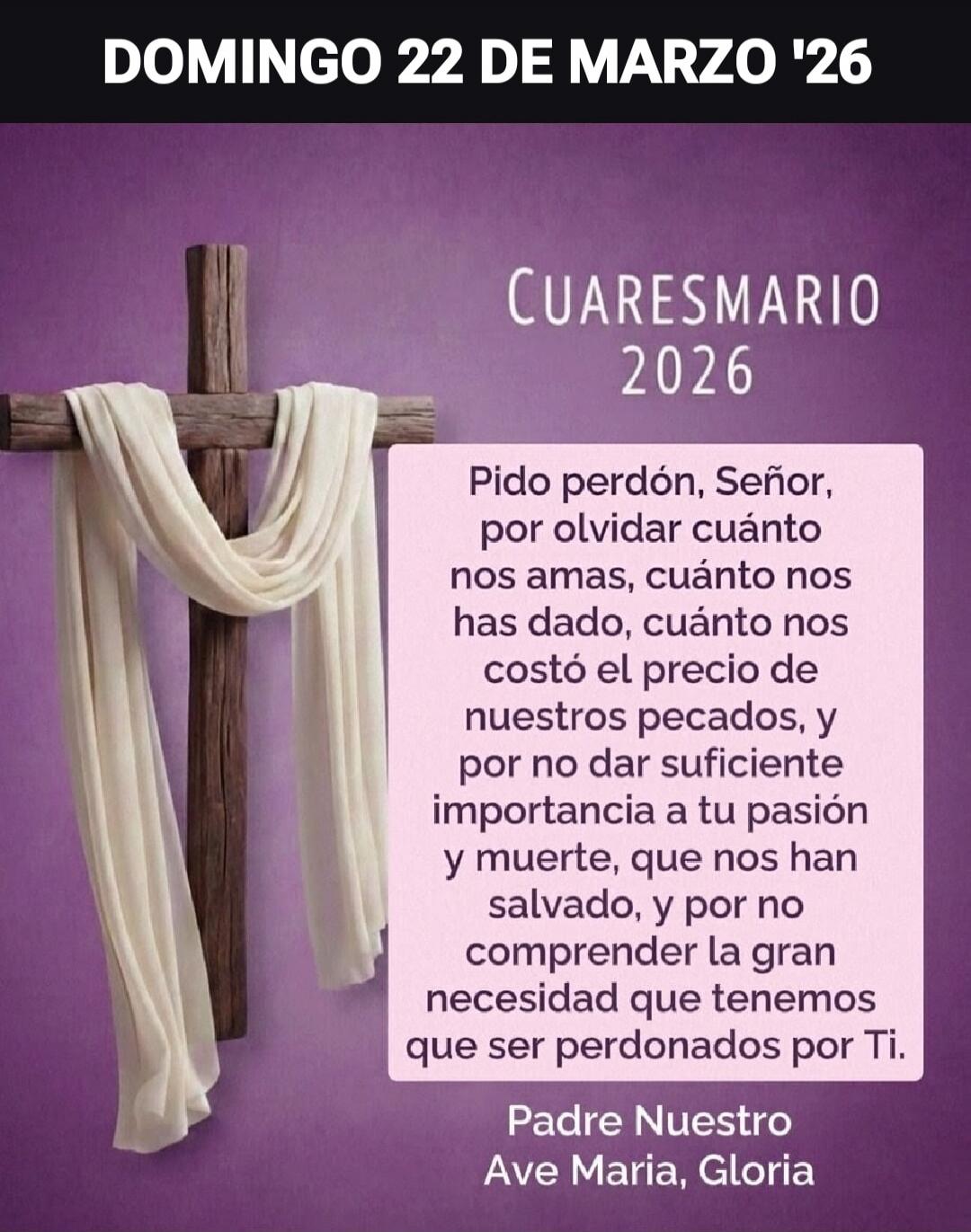 SUNDAY MARCH 22 '26
LENTEN 2026
I ask for forgiveness, Lord, for forgetting how much you love us, how much you have given us, how much the price of our sins cost us, and for not giving enough importance to your passion and death, which have saved us, and for not understanding the great need we have to be forgiven by You.
Our Father
Hail Mary, Glory